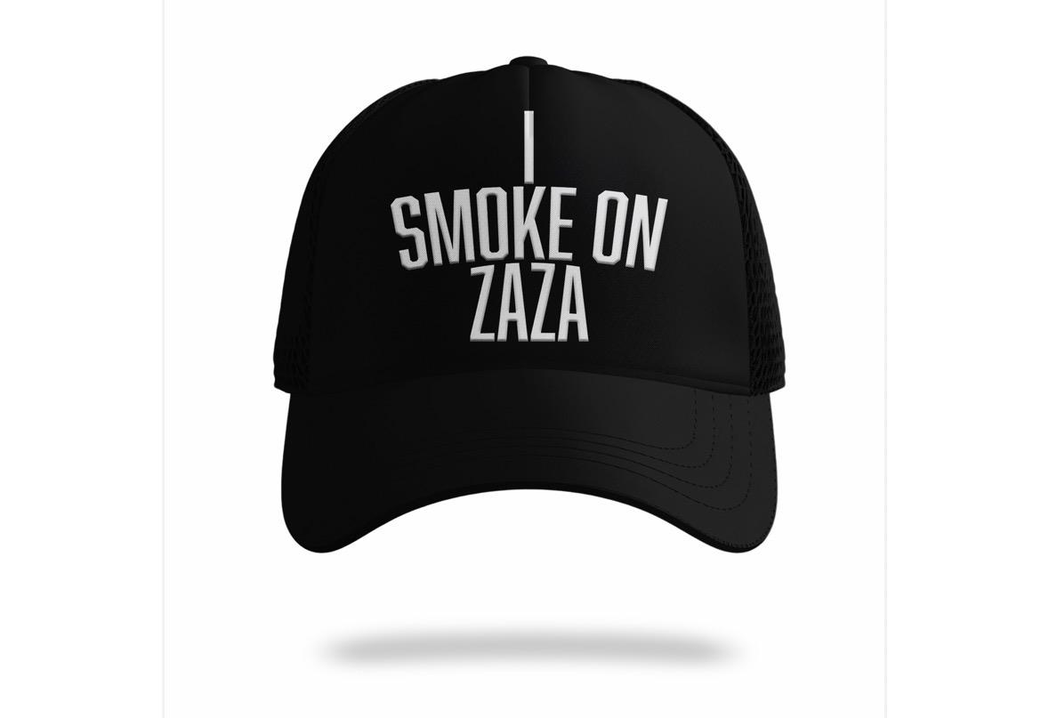 Black Smoke On Zaza mesh trucker hat with white lettering