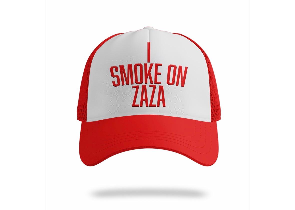 Red and white Smoke On Zaza trucker hat