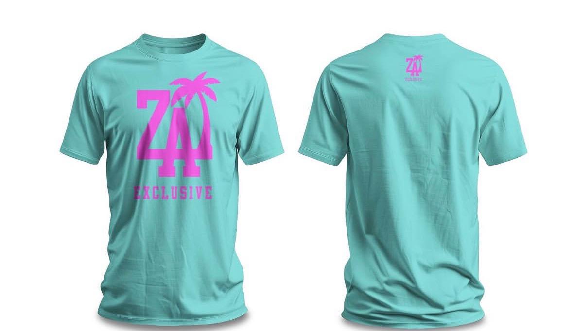 Aqua ZA Exclusive graphic T-shirt with pink artwork, shown front and back