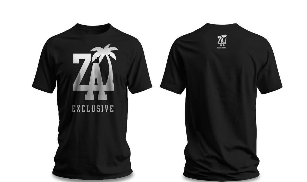 Black ZA Exclusive graphic T-shirt with silver artwork, shown front and back